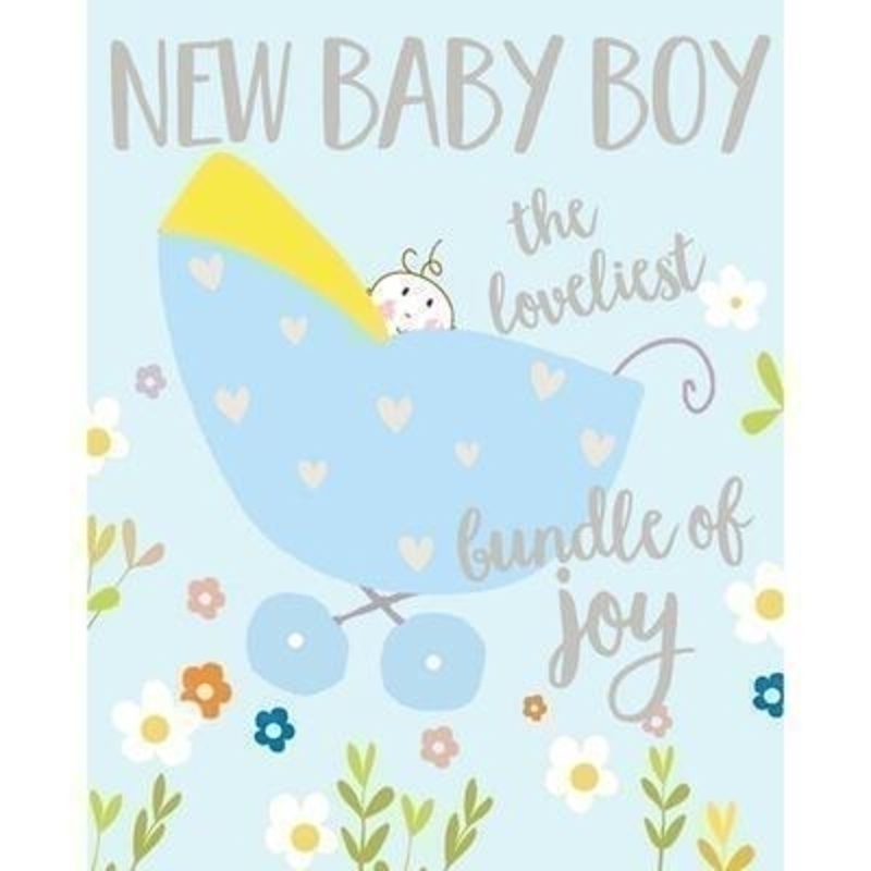 Baby in Blue Pram card by Liz and Pip